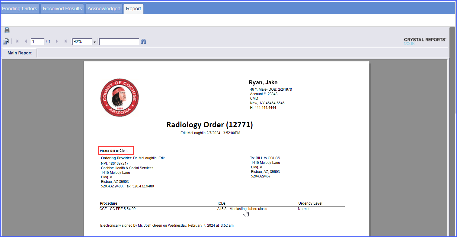 ‘Bill To’ Information Displayed on Radiology Order Requisitions