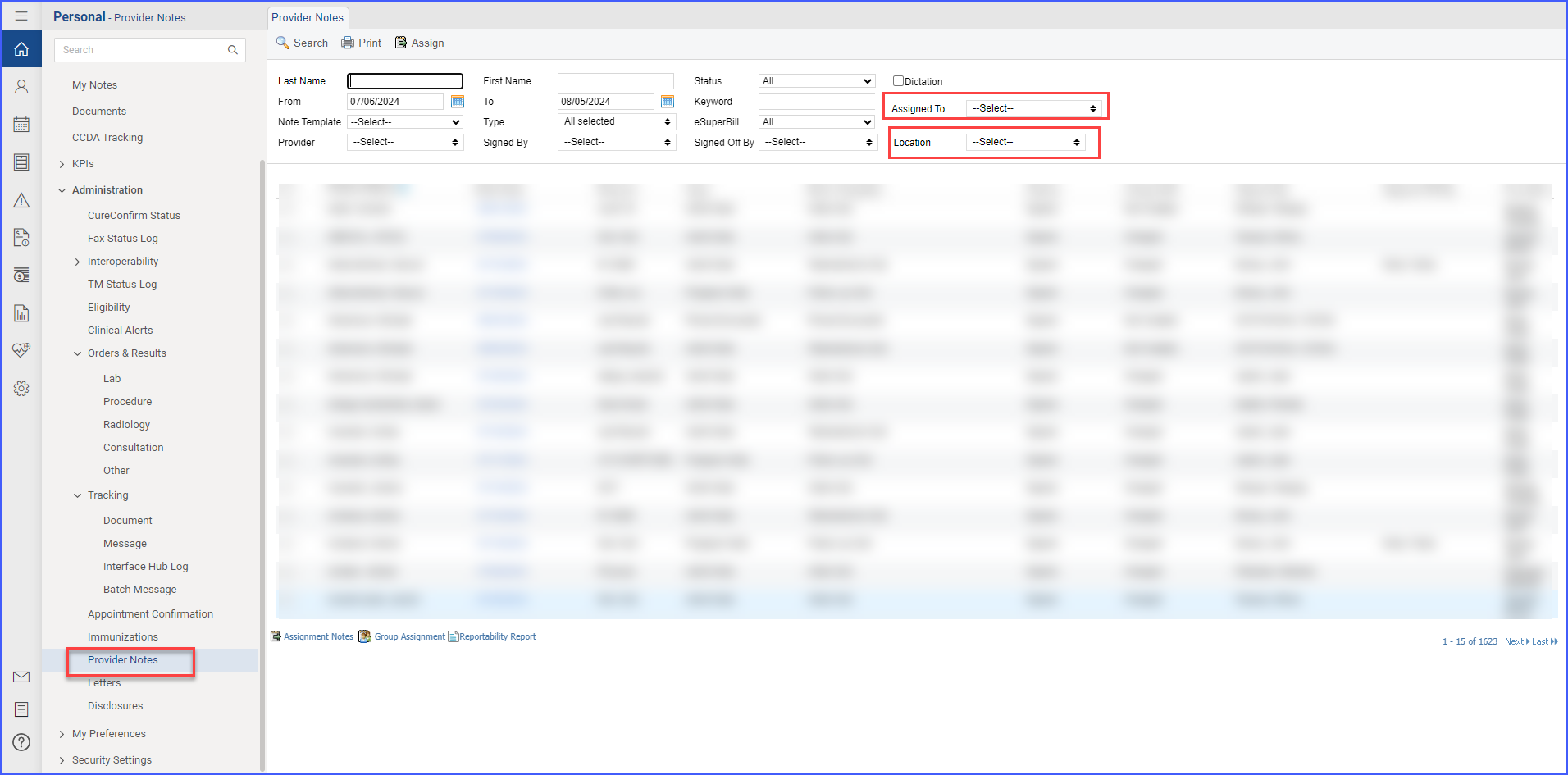 Filter Provider Notes by Location and Assigned User