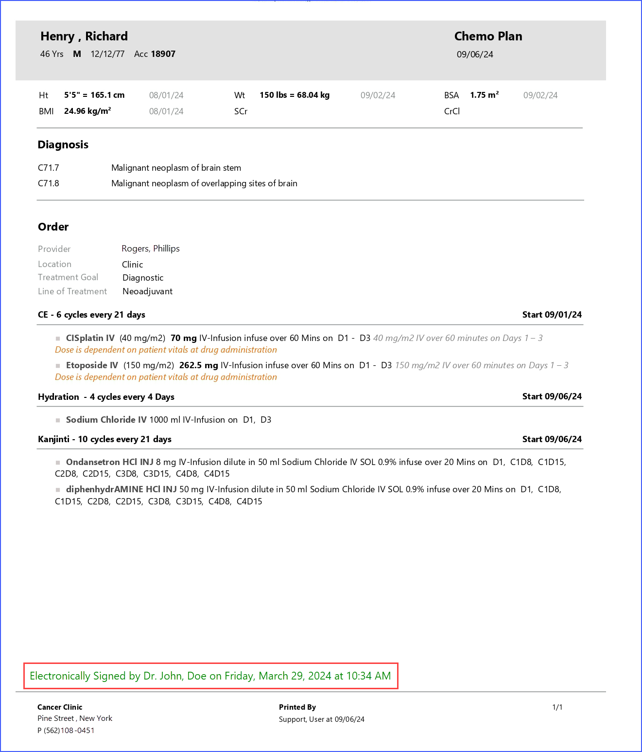 Electronic Signature on Chemotherapy Plan Report