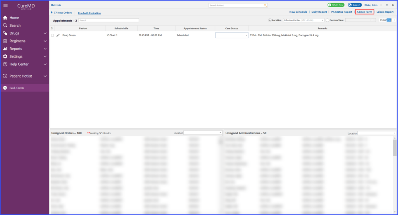 Customizable Lab Results on Chemotherapy Admin Form