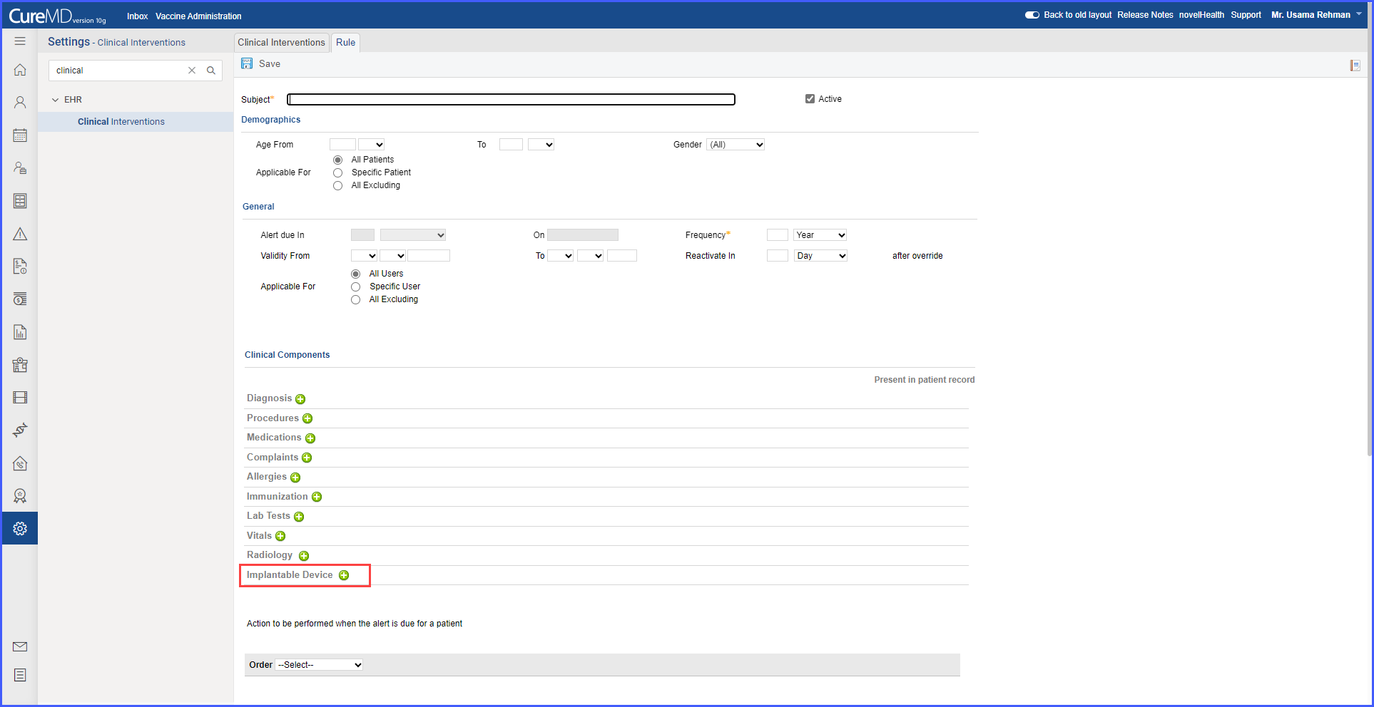 Addition of Implantable Device Clinical Component on Clinical Interventions Page