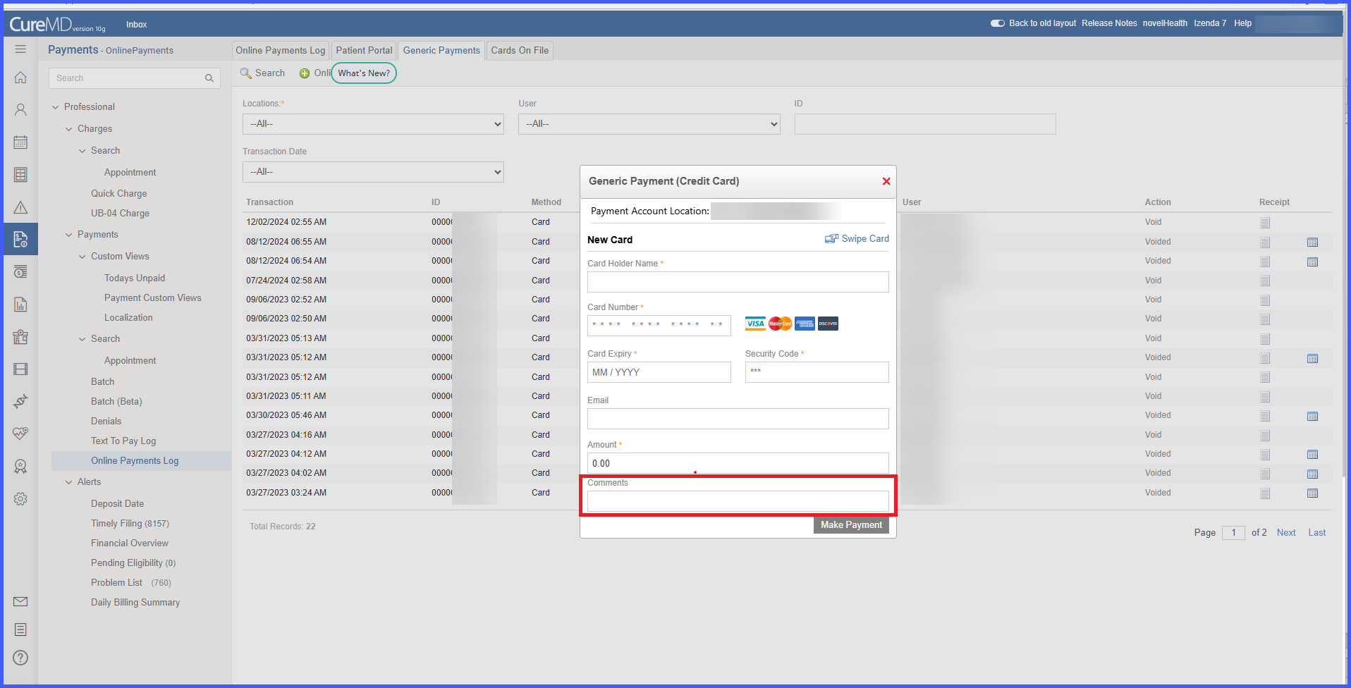 Comments for Generic Payments in Online Payment Log