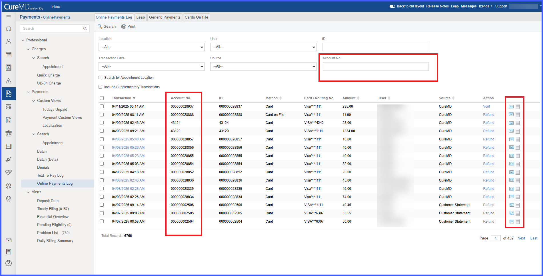 Account Number Filter and Email Receipt Option in Online Payment Log