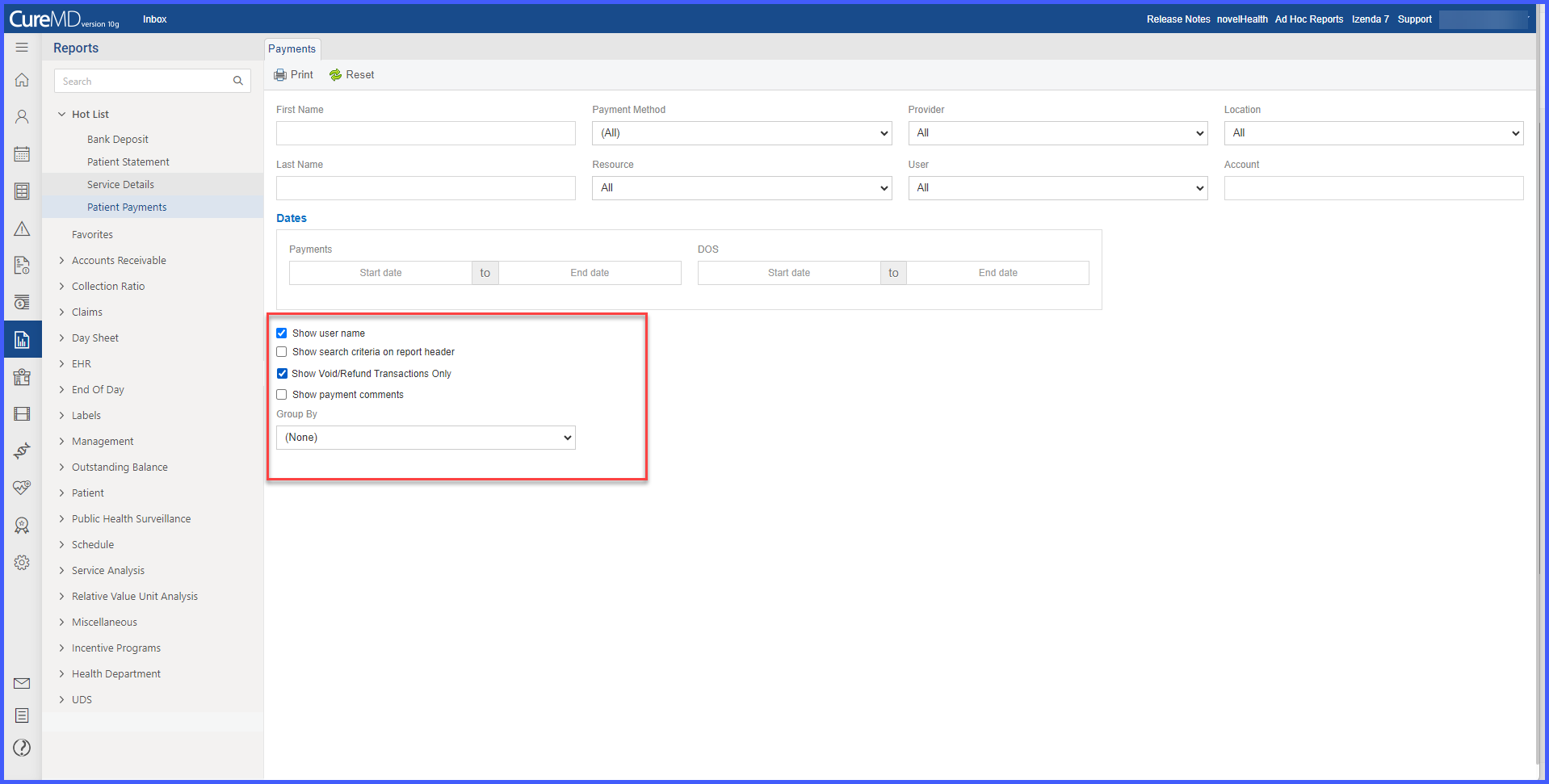 Void and Refund Transaction Filter in Patient Payment Report