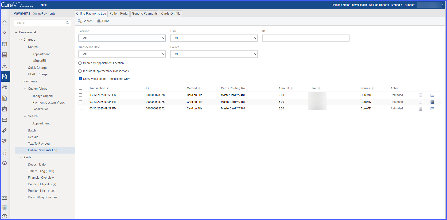 Voided and Refunded Transaction filter in Online Payment Log